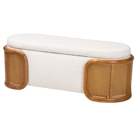 Baxton Studio Basira Japandi Cream Boucle Fabric Storage Bench with Woven Rattan 241-13558-ZORO